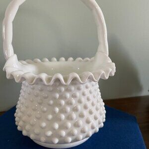 White Fenton Hobnail Basket Vase w/Handle
